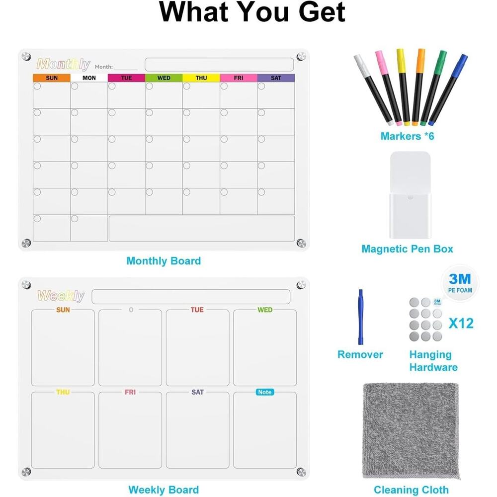2 Pack Magnetic Fridge Calendar Acrylic Dry Erase Board Monthly Weekly 5 Markers - Picture 5 of 6
